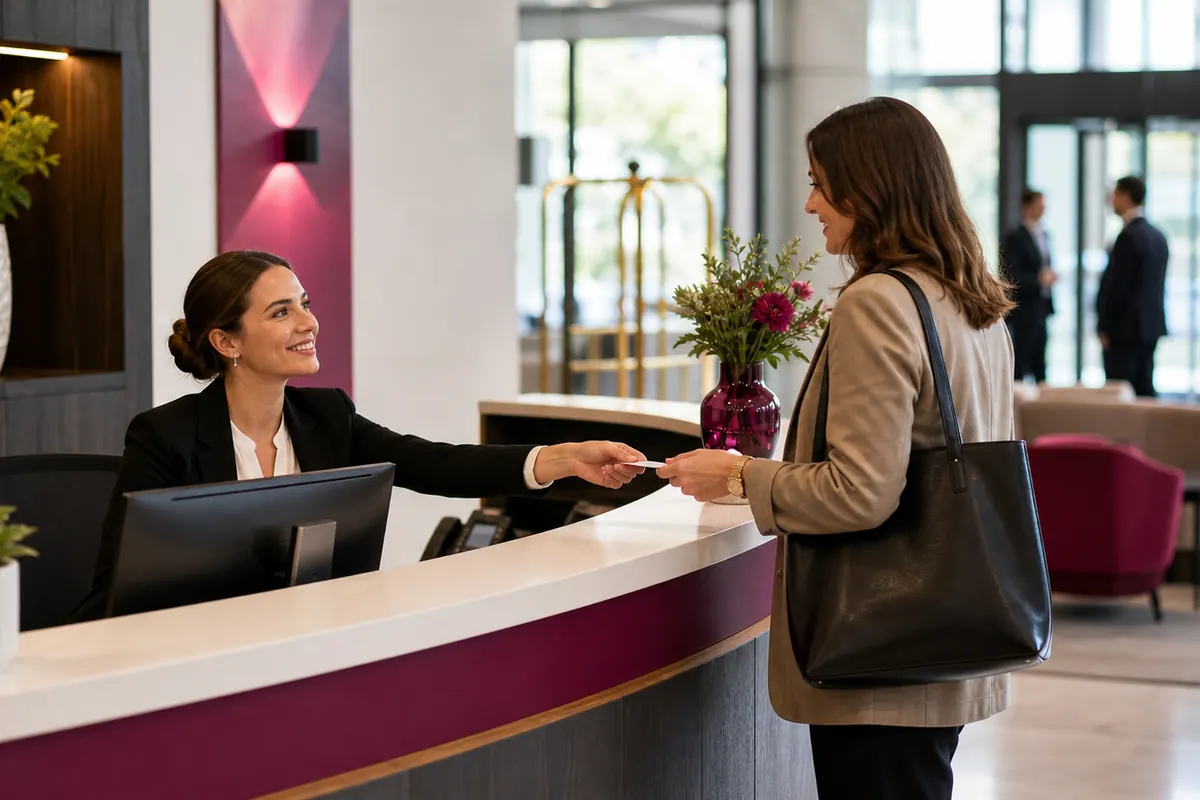 Hôtesse d’accueil professionnelle dans un hall d’entreprise pour l’accueil physique et le standard téléphonique