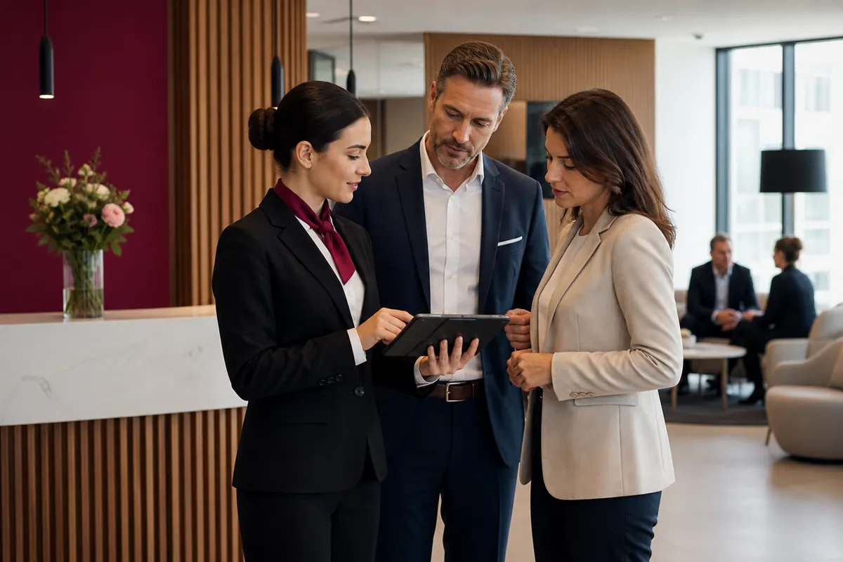 Responsable accueil préparant une prestation personnalisée avec un client en environnement corporate