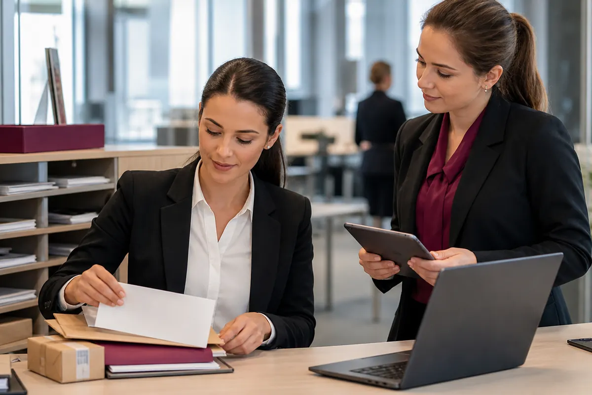 Collaborateur organisant le courrier interne et des tâches administratives en entreprise