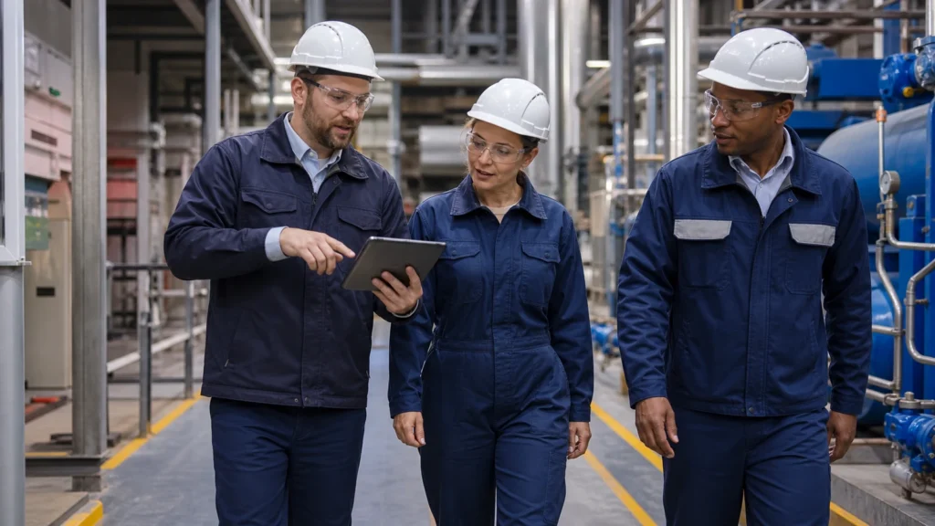 Auditeur QHSE échangeant avec des opérateurs pendant une visite d’un site industriel.