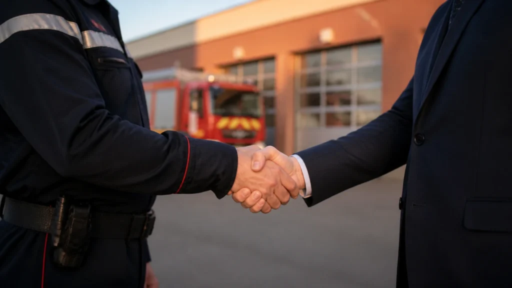 Illustration d’une poignée de main entre un sapeur-pompier et un représentant d’entreprise devant une caserne.