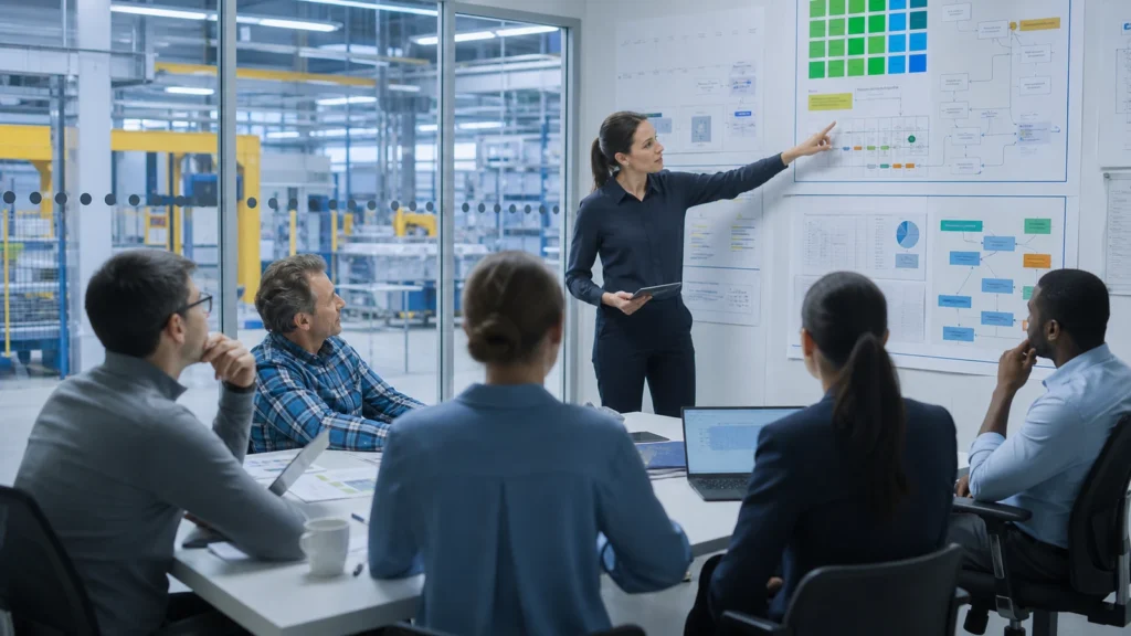 Équipe pluridisciplinaire analysant des processus qualité, environnement et sécurité.