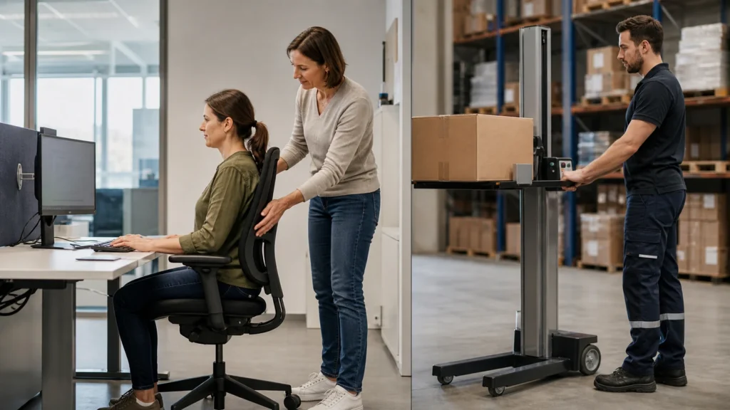 Ergonome réglant un poste informatique tandis qu’un opérateur utilise une aide à la manutention.